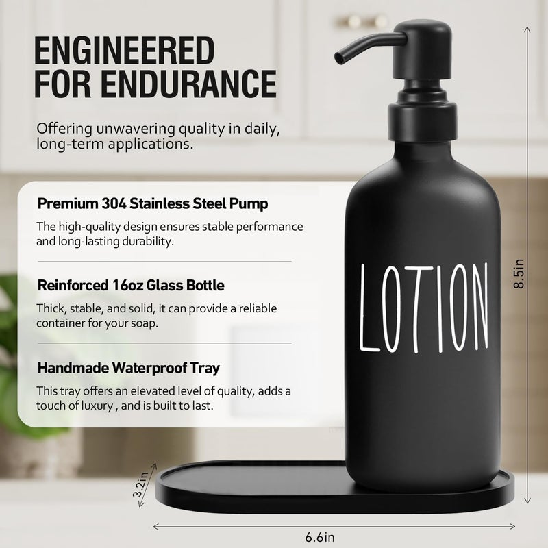 MOMEEMO Glass Soap Dispenser with Stainless Steel Pump, Contains Lotion Dispenser, Hand Soap Dispenser & Tray. (Black & White) - Image 2